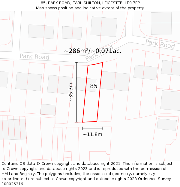 85, PARK ROAD, EARL SHILTON, LEICESTER, LE9 7EP: Plot and title map