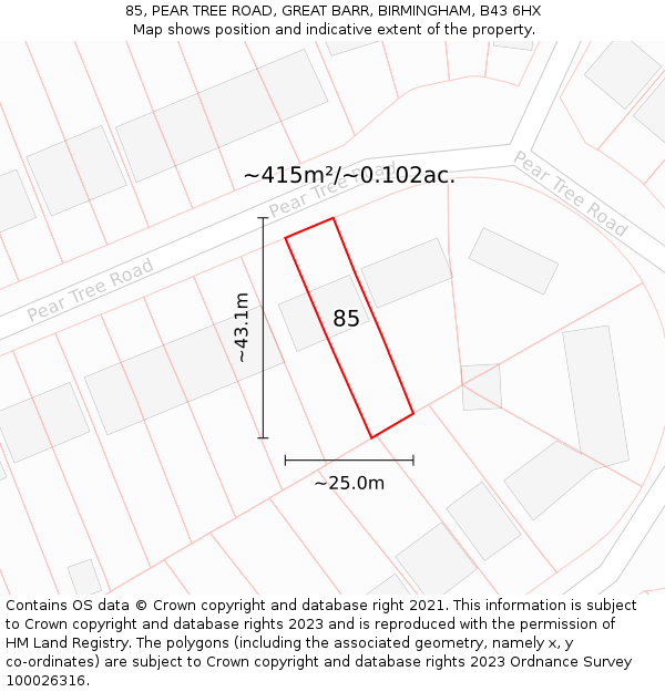 85, PEAR TREE ROAD, GREAT BARR, BIRMINGHAM, B43 6HX: Plot and title map