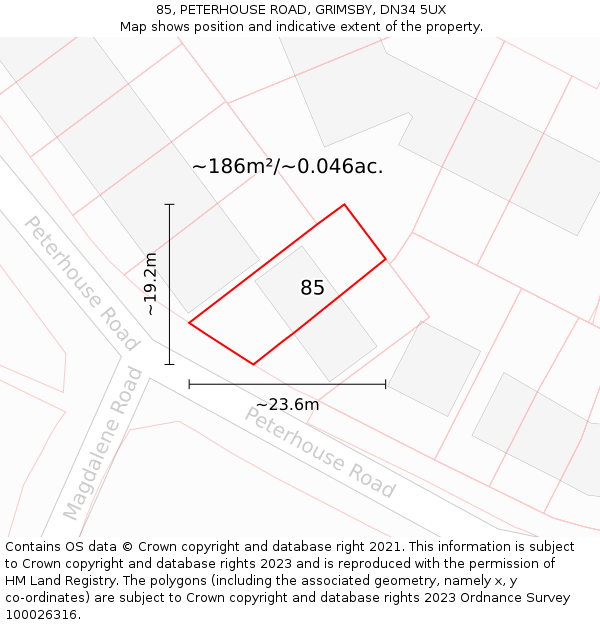 85, PETERHOUSE ROAD, GRIMSBY, DN34 5UX: Plot and title map