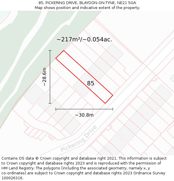 85, PICKERING DRIVE, BLAYDON-ON-TYNE, NE21 5GA: Plot and title map