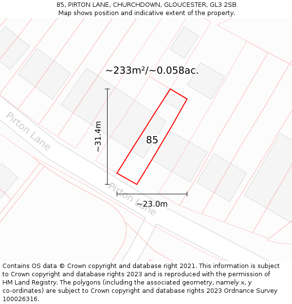 85, PIRTON LANE, CHURCHDOWN, GLOUCESTER, GL3 2SB: Plot and title map