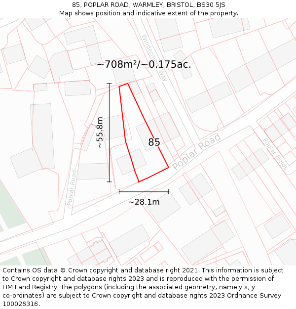 85, POPLAR ROAD, WARMLEY, BRISTOL, BS30 5JS: Plot and title map
