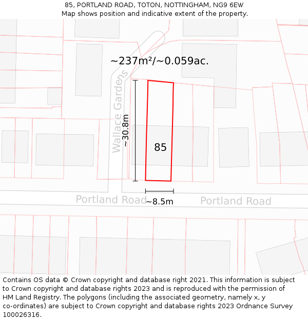 85, PORTLAND ROAD, TOTON, NOTTINGHAM, NG9 6EW: Plot and title map