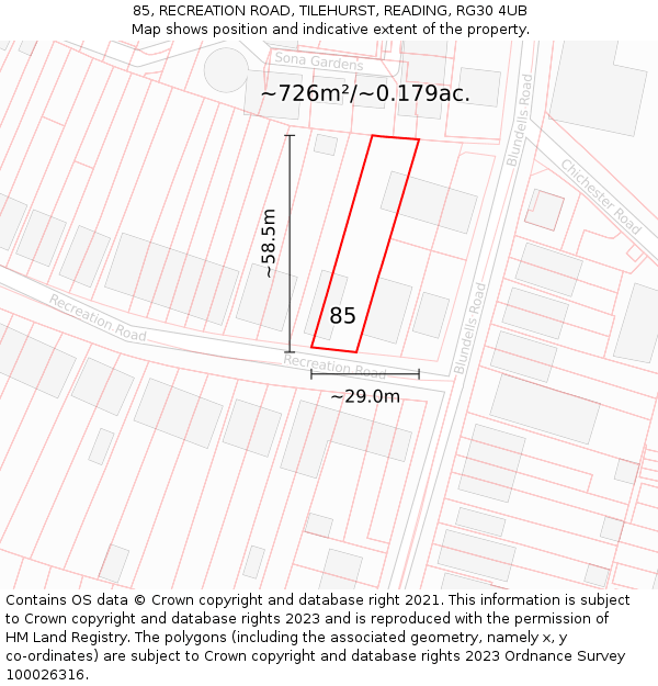 85, RECREATION ROAD, TILEHURST, READING, RG30 4UB: Plot and title map