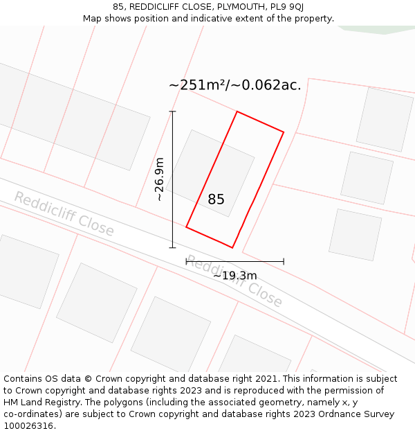 85, REDDICLIFF CLOSE, PLYMOUTH, PL9 9QJ: Plot and title map