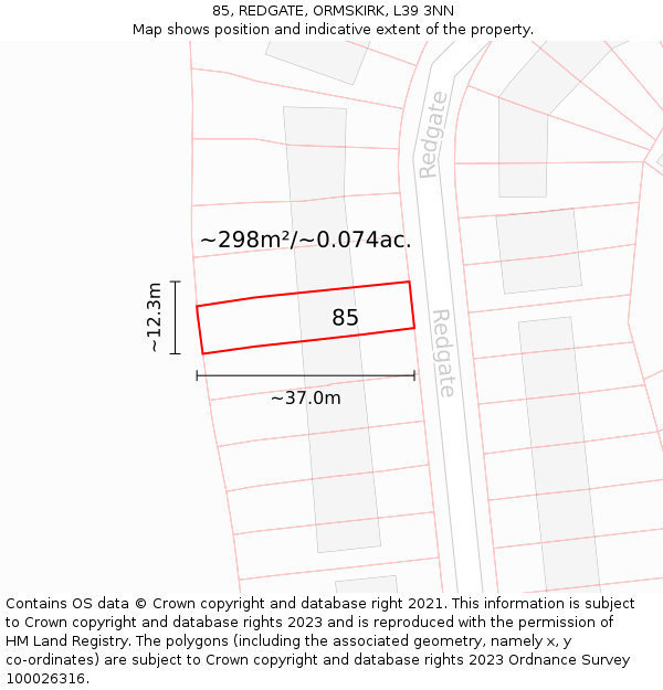 85, REDGATE, ORMSKIRK, L39 3NN: Plot and title map