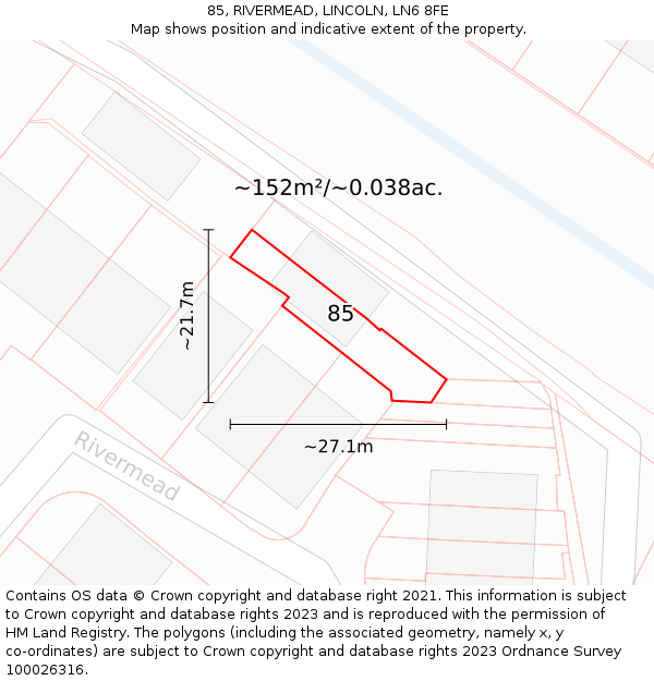 85, RIVERMEAD, LINCOLN, LN6 8FE: Plot and title map