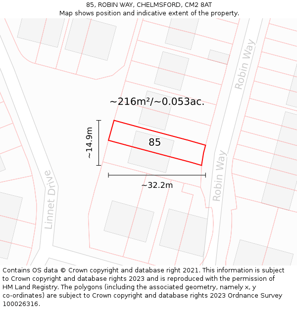 85, ROBIN WAY, CHELMSFORD, CM2 8AT: Plot and title map