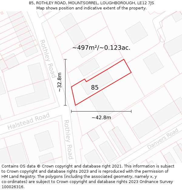 85, ROTHLEY ROAD, MOUNTSORREL, LOUGHBOROUGH, LE12 7JS: Plot and title map
