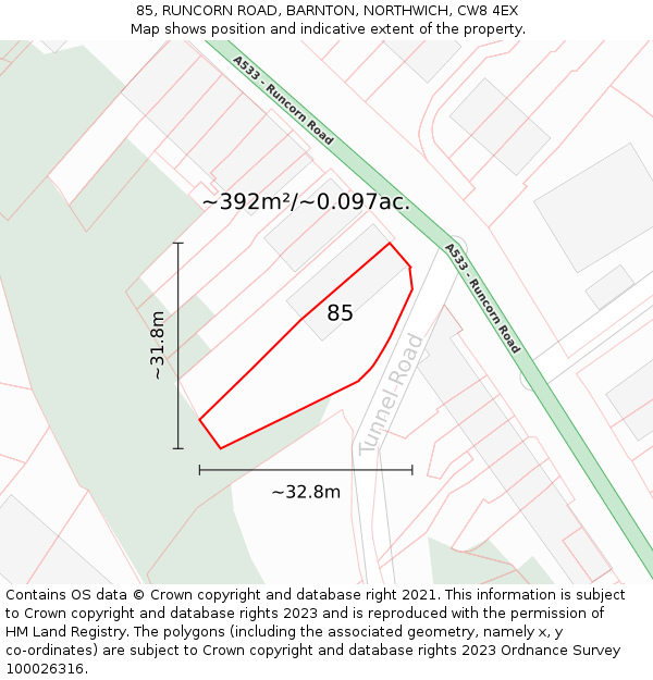 85, RUNCORN ROAD, BARNTON, NORTHWICH, CW8 4EX: Plot and title map