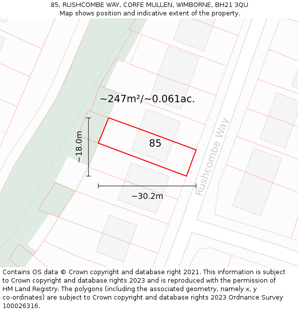 85, RUSHCOMBE WAY, CORFE MULLEN, WIMBORNE, BH21 3QU: Plot and title map