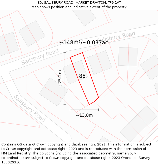 85, SALISBURY ROAD, MARKET DRAYTON, TF9 1AT: Plot and title map