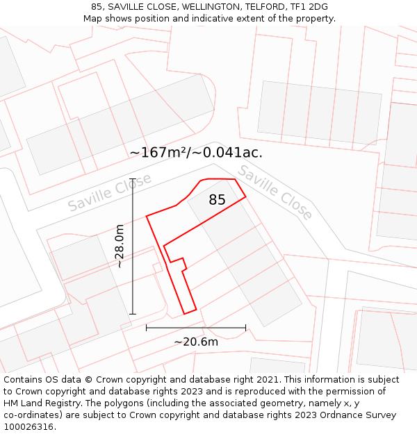 85, SAVILLE CLOSE, WELLINGTON, TELFORD, TF1 2DG: Plot and title map