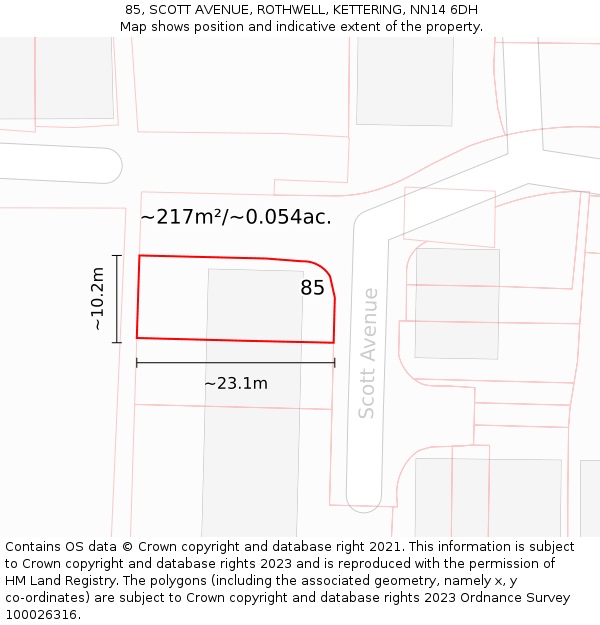 85, SCOTT AVENUE, ROTHWELL, KETTERING, NN14 6DH: Plot and title map