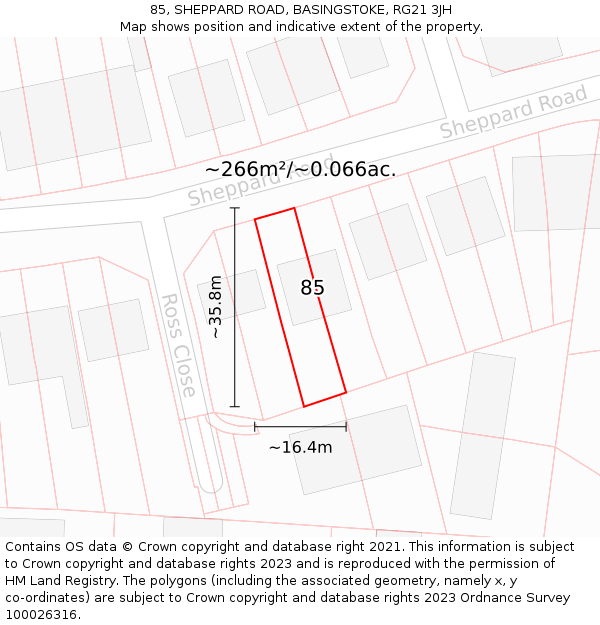 85, SHEPPARD ROAD, BASINGSTOKE, RG21 3JH: Plot and title map