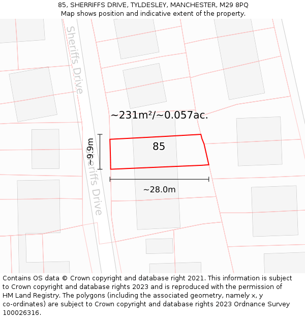 85, SHERRIFFS DRIVE, TYLDESLEY, MANCHESTER, M29 8PQ: Plot and title map