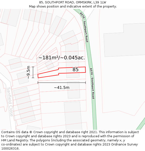 85, SOUTHPORT ROAD, ORMSKIRK, L39 1LW: Plot and title map