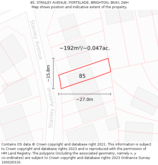 85, STANLEY AVENUE, PORTSLADE, BRIGHTON, BN41 2WH: Plot and title map