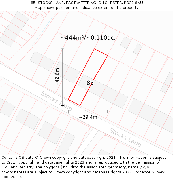 85, STOCKS LANE, EAST WITTERING, CHICHESTER, PO20 8NU: Plot and title map