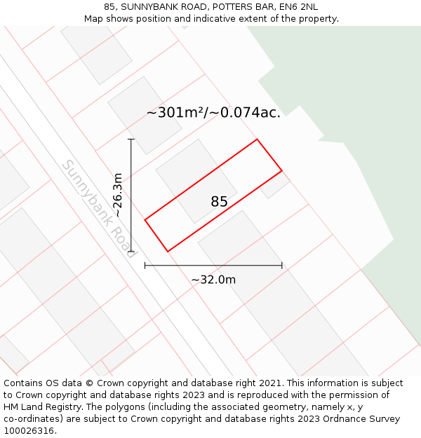 85, SUNNYBANK ROAD, POTTERS BAR, EN6 2NL: Plot and title map