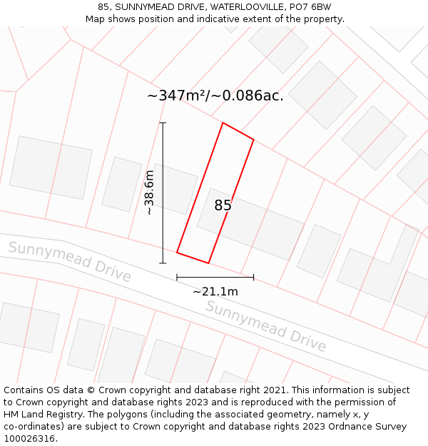 85, SUNNYMEAD DRIVE, WATERLOOVILLE, PO7 6BW: Plot and title map