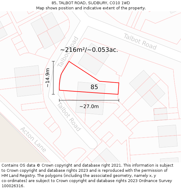 85, TALBOT ROAD, SUDBURY, CO10 1WD: Plot and title map