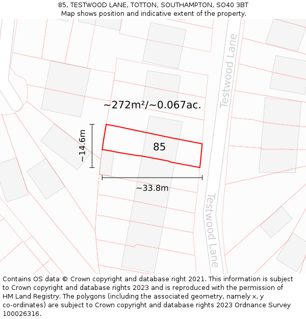 85, TESTWOOD LANE, TOTTON, SOUTHAMPTON, SO40 3BT: Plot and title map