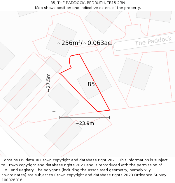 85, THE PADDOCK, REDRUTH, TR15 2BN: Plot and title map