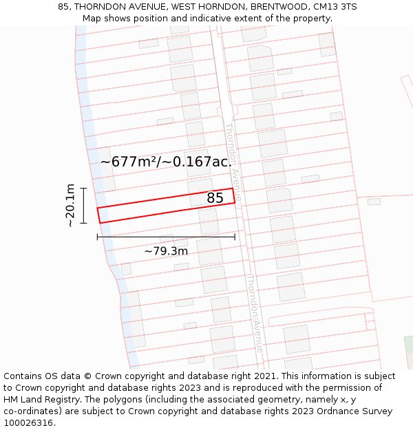 85, THORNDON AVENUE, WEST HORNDON, BRENTWOOD, CM13 3TS: Plot and title map