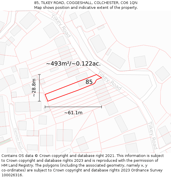 85, TILKEY ROAD, COGGESHALL, COLCHESTER, CO6 1QN: Plot and title map