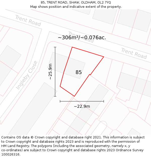 85, TRENT ROAD, SHAW, OLDHAM, OL2 7YQ: Plot and title map