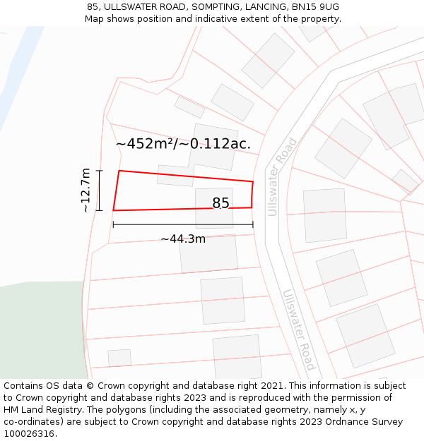 85, ULLSWATER ROAD, SOMPTING, LANCING, BN15 9UG: Plot and title map