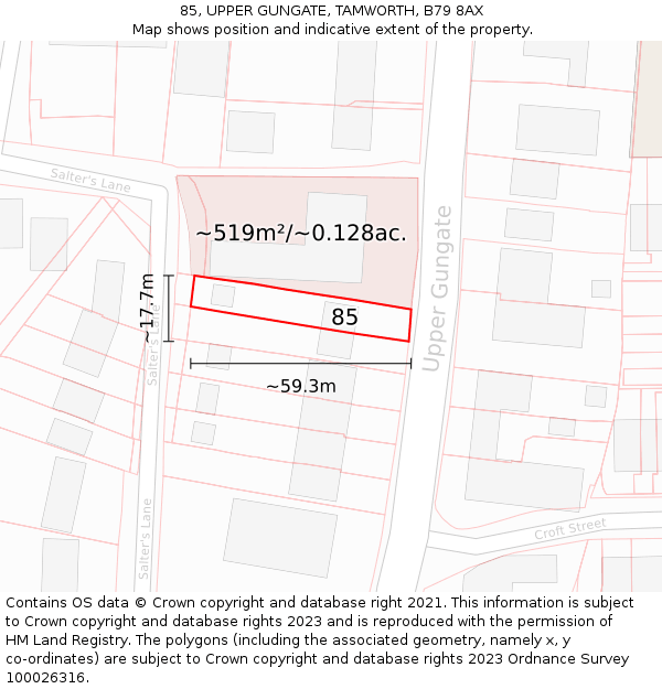 85, UPPER GUNGATE, TAMWORTH, B79 8AX: Plot and title map