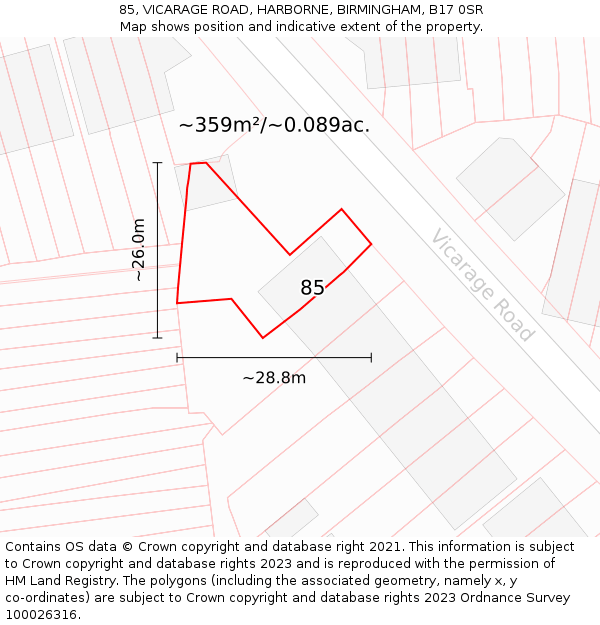 85, VICARAGE ROAD, HARBORNE, BIRMINGHAM, B17 0SR: Plot and title map