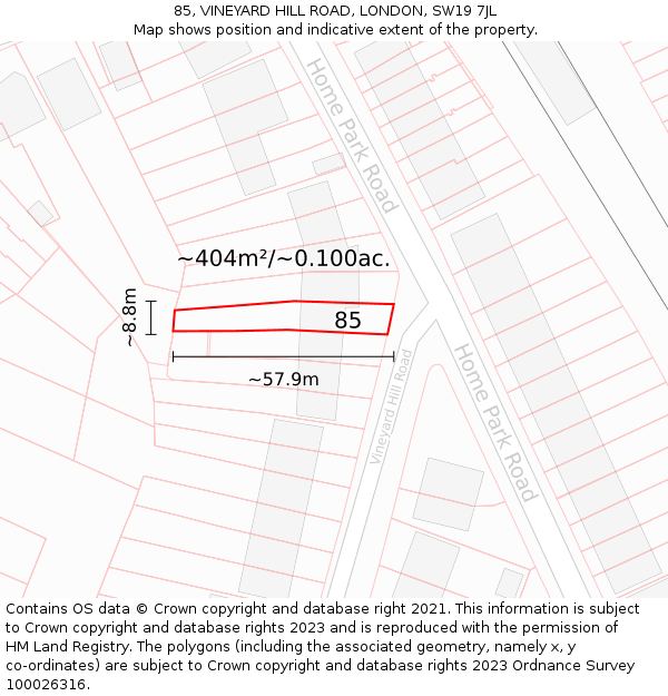 85, VINEYARD HILL ROAD, LONDON, SW19 7JL: Plot and title map