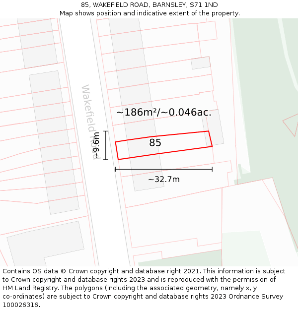 85, WAKEFIELD ROAD, BARNSLEY, S71 1ND: Plot and title map