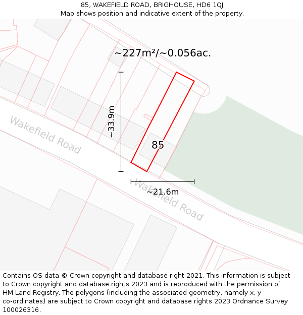 85, WAKEFIELD ROAD, BRIGHOUSE, HD6 1QJ: Plot and title map