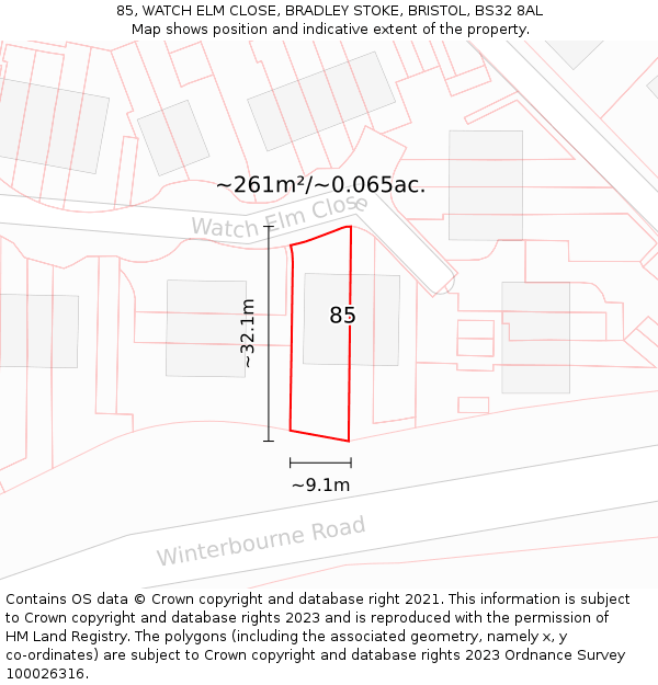 85, WATCH ELM CLOSE, BRADLEY STOKE, BRISTOL, BS32 8AL: Plot and title map