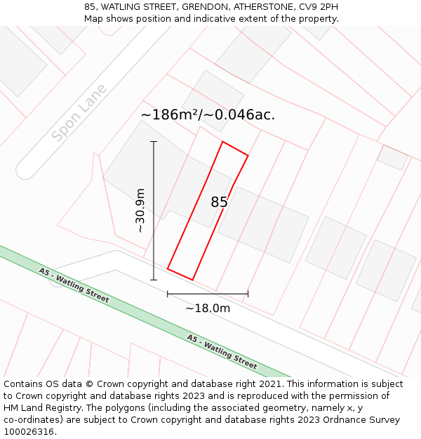 85, WATLING STREET, GRENDON, ATHERSTONE, CV9 2PH: Plot and title map