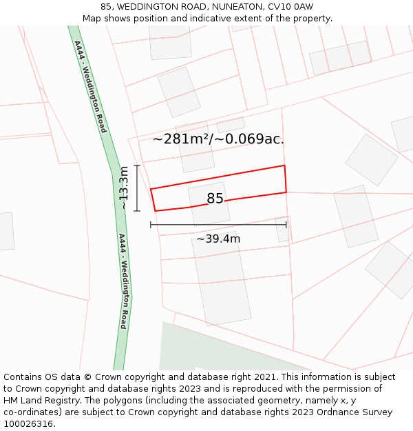 85, WEDDINGTON ROAD, NUNEATON, CV10 0AW: Plot and title map