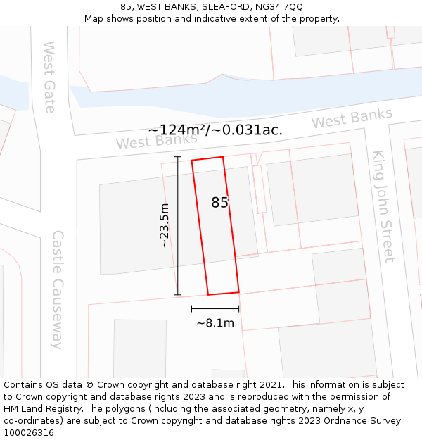 85, WEST BANKS, SLEAFORD, NG34 7QQ: Plot and title map