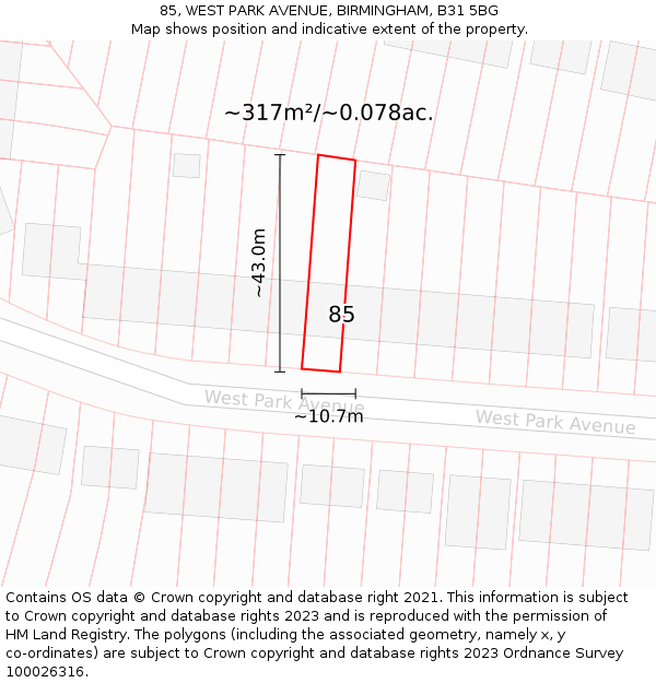 85, WEST PARK AVENUE, BIRMINGHAM, B31 5BG: Plot and title map