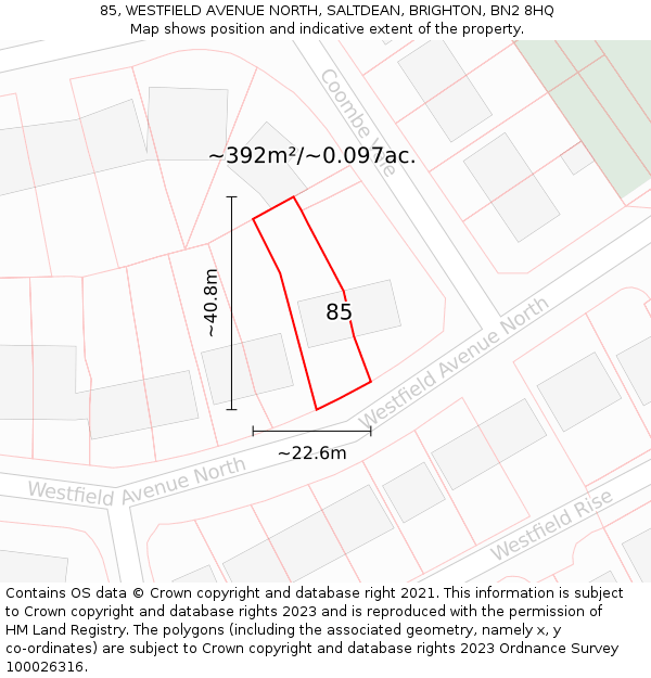 85, WESTFIELD AVENUE NORTH, SALTDEAN, BRIGHTON, BN2 8HQ: Plot and title map