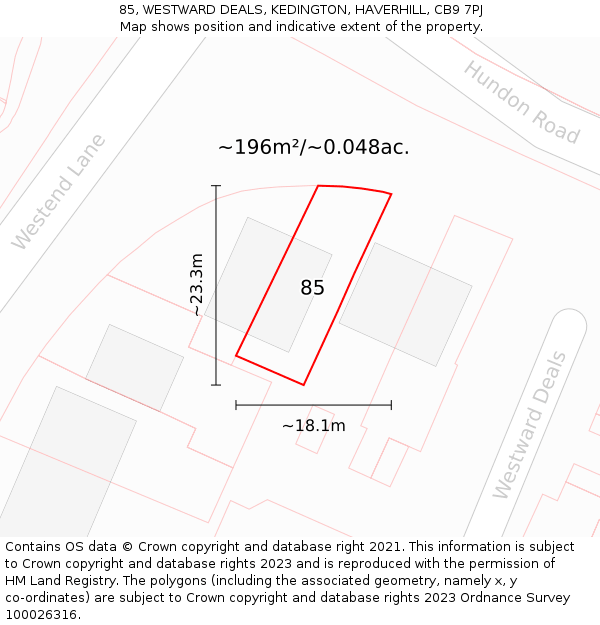 85, WESTWARD DEALS, KEDINGTON, HAVERHILL, CB9 7PJ: Plot and title map