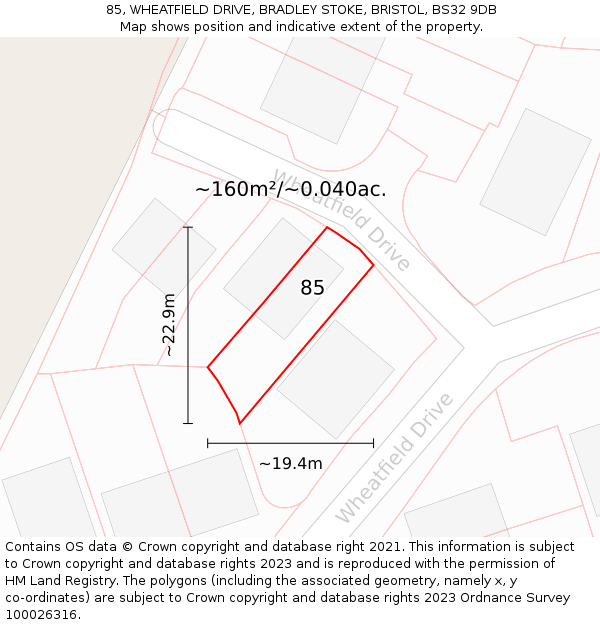 85, WHEATFIELD DRIVE, BRADLEY STOKE, BRISTOL, BS32 9DB: Plot and title map