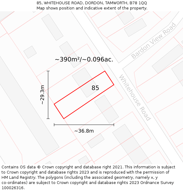 85, WHITEHOUSE ROAD, DORDON, TAMWORTH, B78 1QQ: Plot and title map