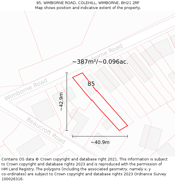 85, WIMBORNE ROAD, COLEHILL, WIMBORNE, BH21 2RP: Plot and title map