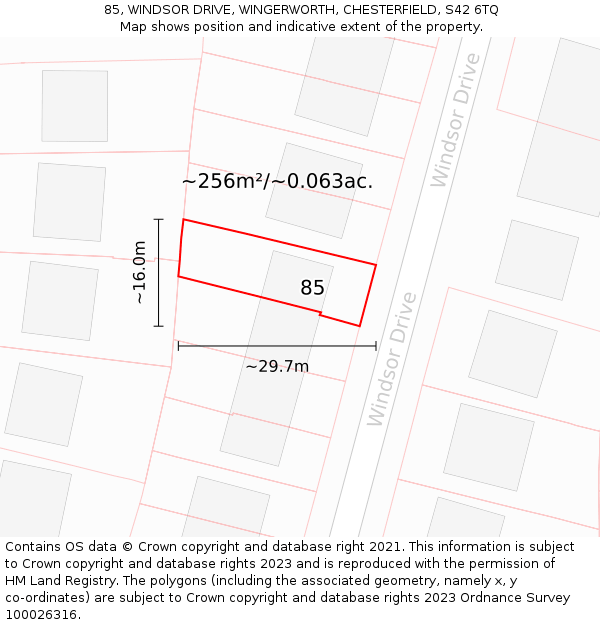 85, WINDSOR DRIVE, WINGERWORTH, CHESTERFIELD, S42 6TQ: Plot and title map