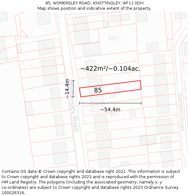 85, WOMERSLEY ROAD, KNOTTINGLEY, WF11 0DH: Plot and title map