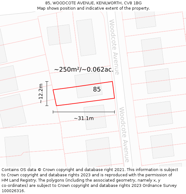 85, WOODCOTE AVENUE, KENILWORTH, CV8 1BG: Plot and title map